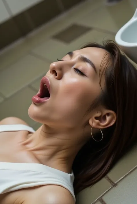    beautiful brown-haired woman  ,  inside a Japanese public toilet , Sleeping next to the toilet ,Sleeping on the toilet floor ,   white sleeveless shirt with full chest   , ((  arching your head and screaming orgasm )) ,   close-up with your eyes closed ...