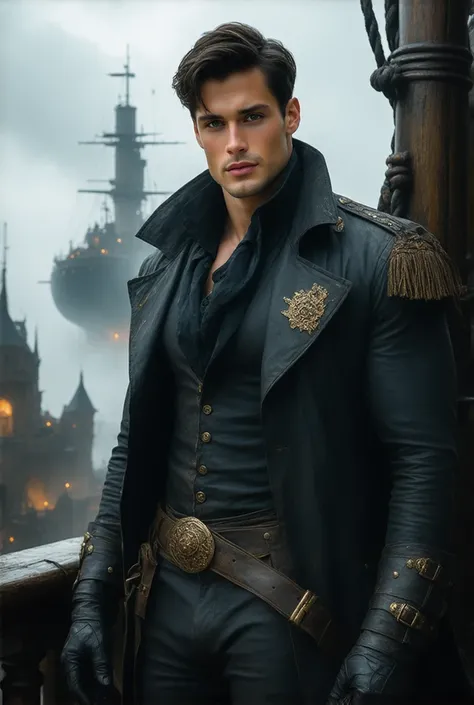 (masterpiece, best quality, realistic, ultra high detailed, UHD, view from a distance), Airship Captain in a Brass-Trimmed Coat: Aboard a massive airship, suspended above a city bathed in fog and gaslight, a tall, lean young man with a powerful physique st...