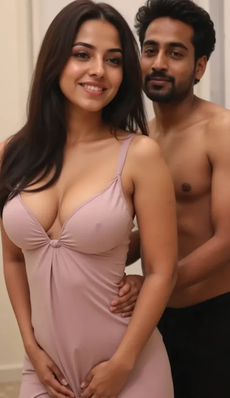  front view of very beautiful long haired woman reaching orgasm wearing a nightgown with one breast completely sticking out from bra .a indian 22 years old young boy is not wearing dress and putting his hands on her waist.