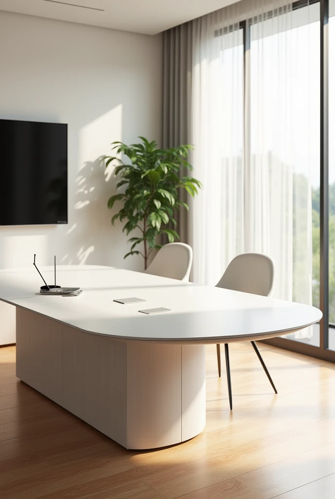 Professional Perspective and 3D Rendering of Architecture in a Very Modern and Very Minimal Style Conference Room in an Architectural Office with Large Windows and Thin Curtains and Oval Desk with White Wooden Screen and Light Steel Pedestals and Very Mode...