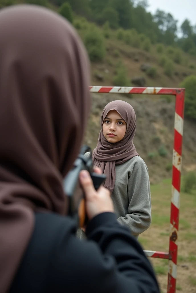  Take a photo of the girl practicing shooting ,  point of view from behind the girl,  but showing the girl , the chick is wearing a hijab , cewenya kinda contains ,  so it also looks like the target's crosshairs