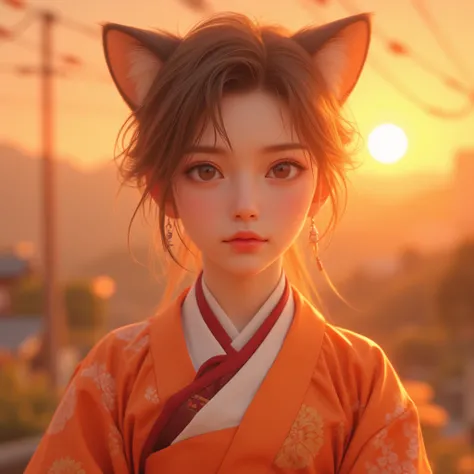 Masterpiece, best quality, 8k, highest quality, best graphic, beautiful eye, beautiful lip, beautiful background, boy in 20s, light brown short hair, red and orange Korean traditional cloth, bright sunset, cat ears