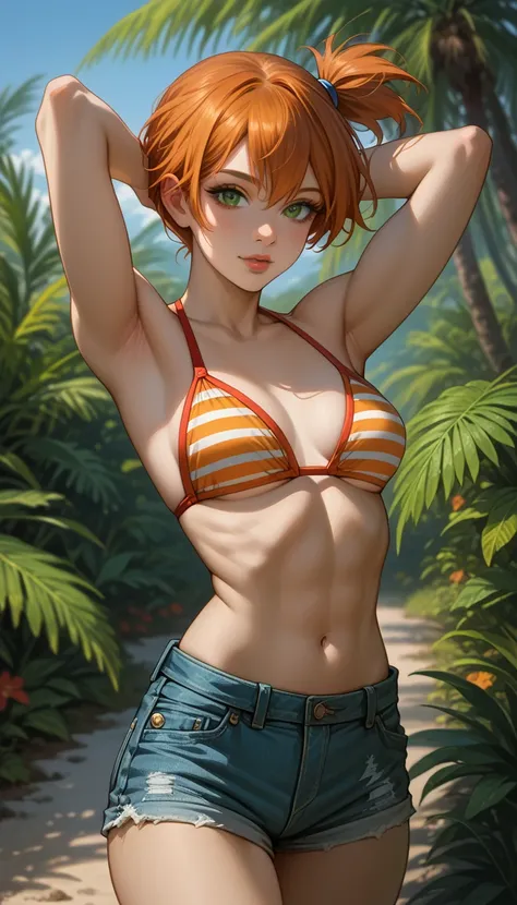 score_9, score_8_up, score_7_up, 1girl, solo, beautiful waifu, sexy (EPpkMisty, orange hair, short hair, side ponytail, green eyes:1.3), wearing (jean shorts:1.2), (blue and white striped bikini top:1.1), bare shoulders, bare arms, naturally curved, muscul...