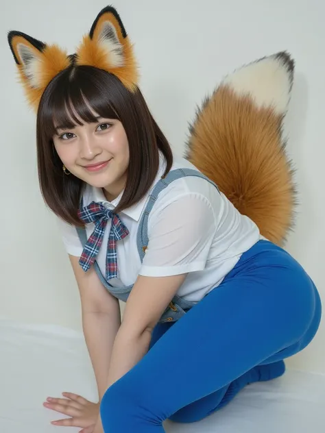 ((  top quality , 8k)), (( Juliet's sleeve 1 girl with stupid hair)), ((  photorealistic)), (Masterpiece),  perfect face , ((Woman with fox ears )), ((That woman has a tail )), foxgirl, (Her tail is big  ), ( That beautiful woman is smiling), She's a colle...