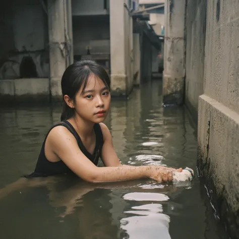 Elementary school girl,Hairstyle with visible ears,dirty black tank top , Snapshot, rough skin,Dirty Skin, is submerged to the waist in an urban canal surrounded by concrete, taken from the side,I'm fishing for trash