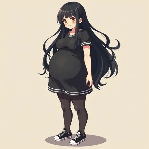 anime girl, long hair, big pregnant, orange eyes, pregnant girl with big belly, anime style, black hair, big breasts, pregnant girl with big belly, smile, black thin tights, black dress with white stripes with short sleeves, big pregnant belly, big breasts...