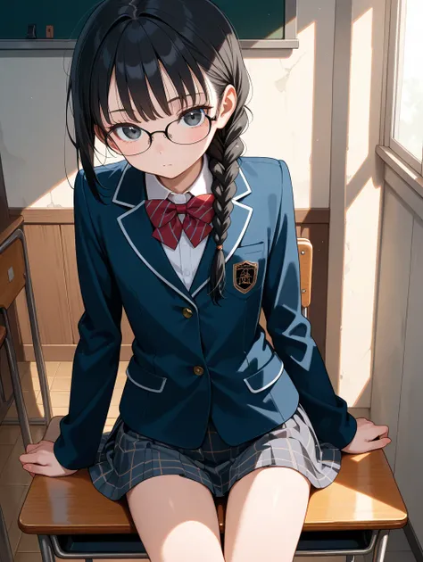 glasses,long braid,black hair,flat chest,,slim,slender,,looking viewer,blazer,school uniform,sitting,thigh gap