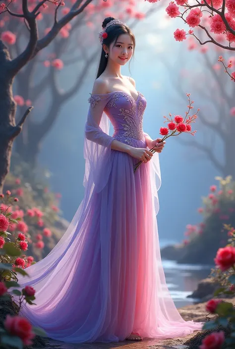 realistic fantasy HD ,  a beautiful young chinese woman with clear white smooth skin wearing a purple pink and blue white gradient dress carved crystal rose pink blue purple tile long studded with leaf crystals with floral details embossed on the dress,  s...