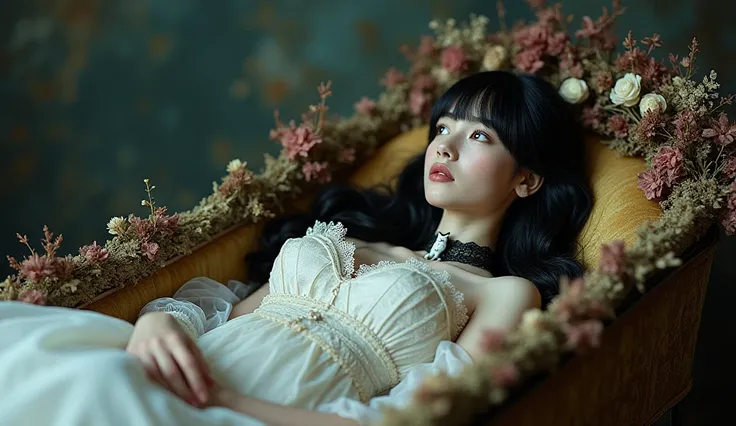 A painstakingly crafted Victorian Memento Mori photograph emerges, showcasing a youthful white woman clad in a pristine white gown, a cat figurine choker, exquisitely embellished with black lace and wilting flowers. She has jet black hair with bangs. The e...