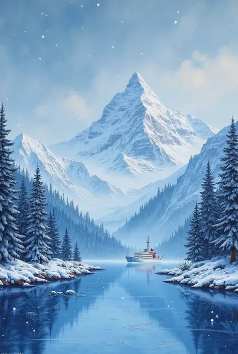 make me an acrylic painting of a scene during a snowstorm, there are mountains covered in snow far away, and below them are spruce trees also covered in snow, then in the middle there is a small land with a lighthouse, and the camera placement is on the sh...