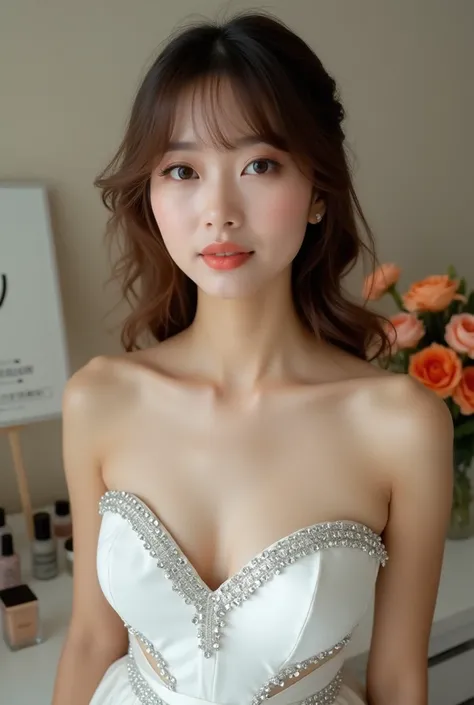 ＡJapanese woman with a very beautiful beauty like an actress
A young woman stands in what appears to be a dressing room or backstage area, captured from mid-torso upward in the frame. She wears a strapless white gown with sparkling, jewel-like embellishmen...