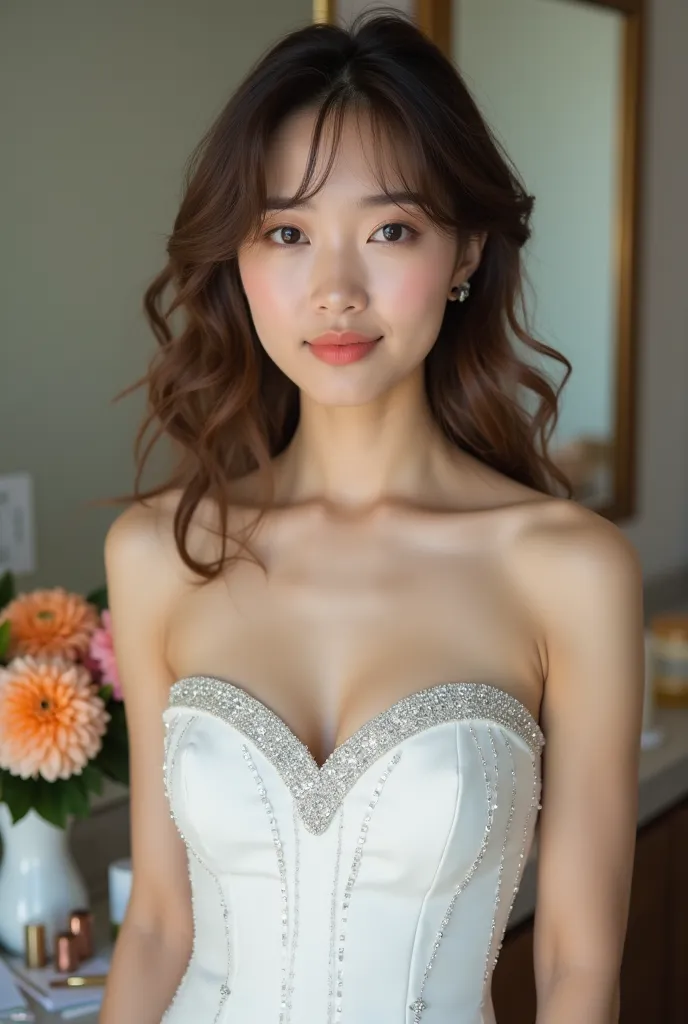 ＡJapanese woman with a very beautiful beauty like an actress
A young woman stands in what appears to be a dressing room or backstage area, captured from mid-torso upward in the frame. She wears a strapless white gown with sparkling, jewel-like embellishmen...