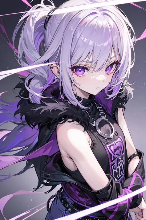  female 1 person,  feminine, Constricting Wolfcut Hairstyles， silver hair color,Purple inner color hair color, reddish purple eyes,  ear piercing, ring，scar,  wearing a black tank top ,  wearing a punk fur jacket ,   wearing black jeans  ,   knight ,  high...