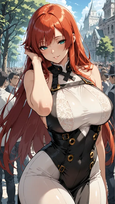 1 , thousands of people , guilty gear,tiro de cowboy,  forest,  hand in ear, medium and large breasts,  parted lips, seductive smile, city tights , ,,  masterpiece,  best quality,  incredible quality,   detailed background ,  intricate details 