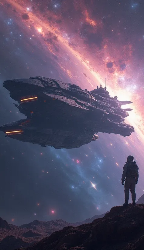 A vast, futuristic spaceship soaring through a vibrant galaxy, with distant stars and nebulae glowing in the background. The ship, sleek and advanced, represents humanity’s bold leap across the stars. In the foreground, a determined human figure in a space...