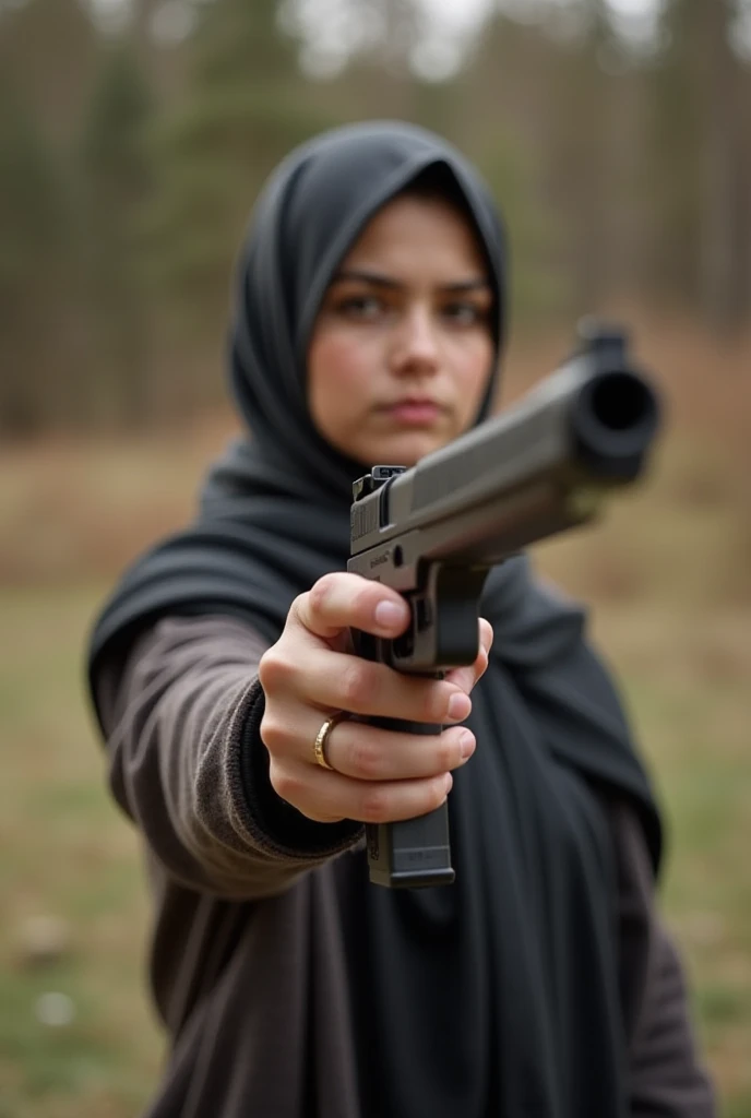  Take a photo of the girl practicing shooting ,  point of view from behind the girl,  but show her pussy and the target shootnha, the chick wears a hijab and contains a little 