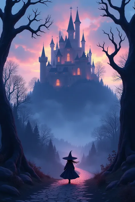 Magical castle on a hill a little witch walks the way along gloomy atmosphere Pixar style