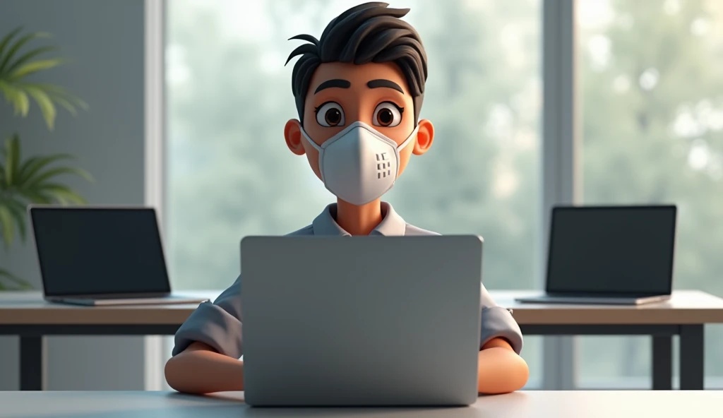 Create an image of a professionally drawn avatar with  nose mask on,sitting behind a table with another table behind him with two laptops on top of it 