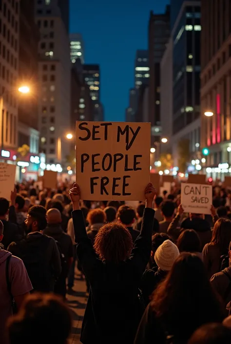 Black ppl doing a demonstration 🪧 In The city of ney York on the streets with huge cards which says "SET MY PEOPLE FREE" some of the huge cards say "CAN'T BE SAVED" in the night 