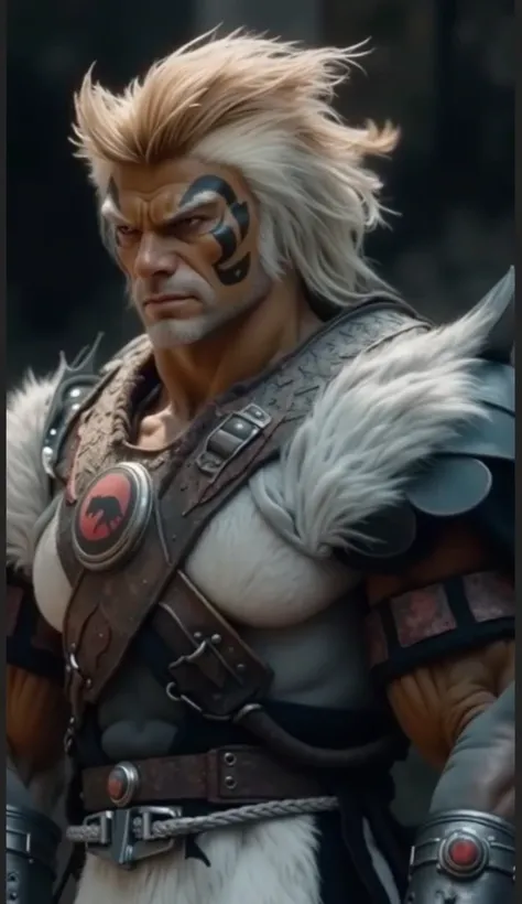 " A warrior with striking feline features , , presenting a voluminous and disheveled hair in shades of blonde gold ,  that blends smoothly with white threads . His face has strong and expressive features, highlighted by tribal-style black facial markings t...