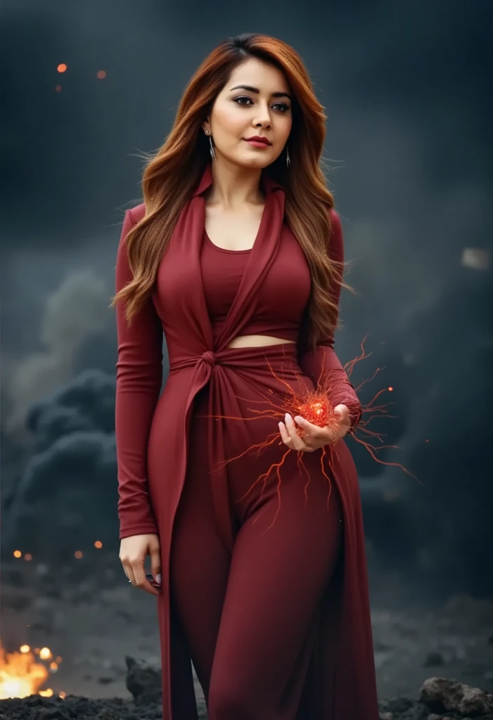 a woman with scarlet red hair wearing a tight-fitting scarlet outfit, half nude, cute face, dynamic pose, standing in the midst of a war-torn battlefield, holding a glowing red electric orb in her hand, dark clouds and explosions in the background, dramati...