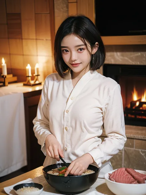 ( beautiful 21-year-old Japanese girl ), ( small breasts :1.5),(solo, 1 girl in the best, Textured Skin, best quality,  more details),(( black hair,  dark eyes, natural makeup, simple earrings, Seductive Smile , short bob hair)),((( Fireplace Room,Night li...