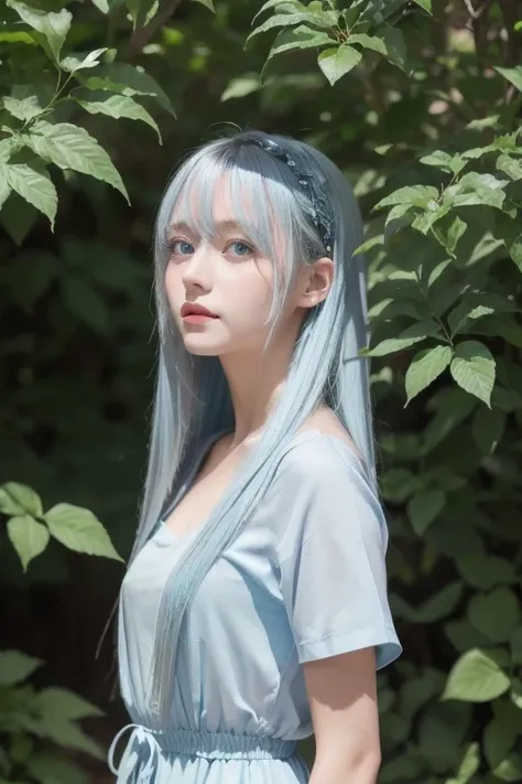 ((Masterpiece)), ( best quality ), (  Details), ( 1 girl in the bush), (Internal Data Stream)  light blue gradation hair, Light blue sparkling eyes ,  straight hair,  wearing a modern white shirt and black dress,  covered in data particles , Locked around ...