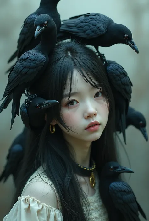 Surreal japanese girl with multiple crows on her head around her neck and hair