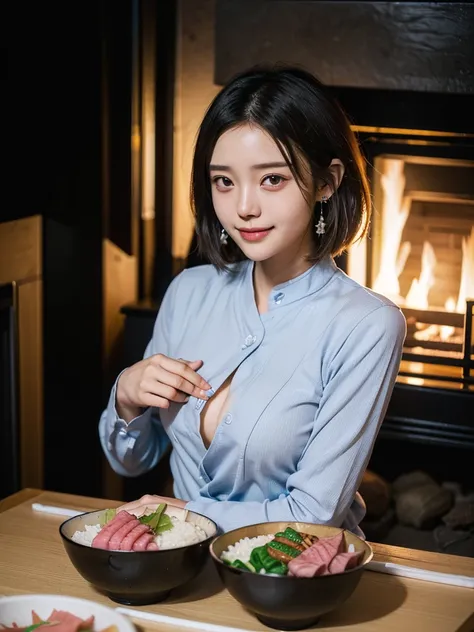 ( beautiful 21-year-old Japanese girl ), ( small breasts :1.5),(solo, 1 girl in the best, Textured Skin, best quality,  more details),(( black hair,  dark eyes, natural makeup, simple earrings, Seductive Smile , short bob hair)),((( Fireplace Room,Night li...