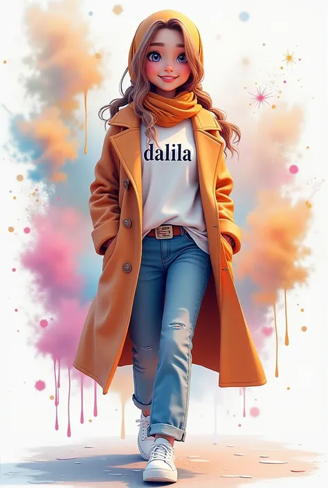 Create 3D illustration of a realistic gadis kecil cantik berjilbab realistic character walking out from social media Instagram. the character must wear jeans,A t-shirt named "dalila" with along coat and white sneakers and splash colorful water effects. The...