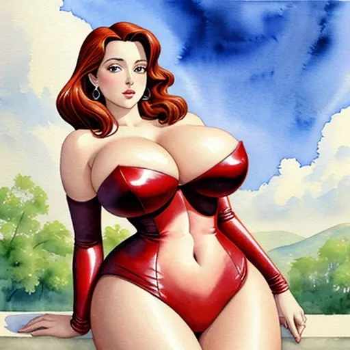 score_9, score_8_up, score_7_up, score_6_up, Jessica Rabbit anime, (voluptuous), (curvaceous), (huge breasts), motherly, plump, in the style of a watercolor painting by Joyce Ballantyne