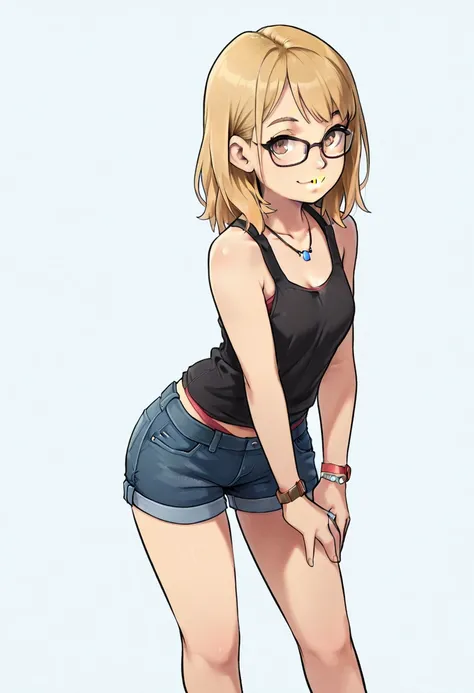 score_9, score_8_up, score_7_up, score_6_up, score_5_up, score_4_up, 1girl, solo, blonde hair, brown eyes, lips, glasses, wristwatch, jewelry, tank top, denim, shorts, denim shorts, necklace, watch, bracelet, barefoot, sleeveless, bare shoulders, upper bod...