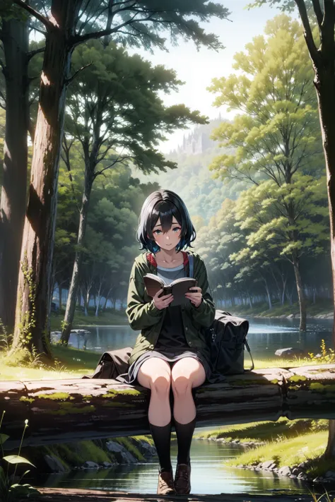 A girl reads a book on the lakeside,  bright color, spring, Willow Branch, comfortable, Warm Sunlight 