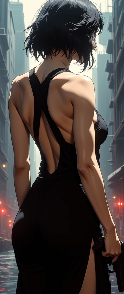 ( masterpiece:1.2,exceptional quality , Mirror finish  ,  cinematic experience ),8k,16k, wallpaper,(  backless dress:2.0),( female assassin :2.0),(  Black Empty Back Dress :2.0),(  and raise your gun :2.0),(Style Nikita  :2.0),( Sensual:2.0),(  back view:2...