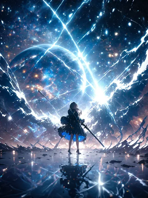 A mirror breaks in a straight line ,reflection, girl holding a Japanese sword,Inside the building,Futuristic, thunder,night, starry sky ,planet, looks up at the ,