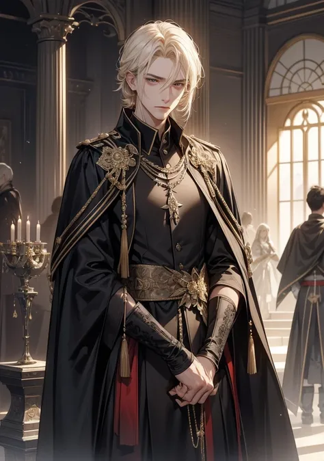  best quality。 detailed depiction 。Ancient castle throne 。 Handsome and Cool Adult Man 、((One adult man ))。The King Who Reached the Throne。casual and rough hairstyles、((male medium hair))、(( white blonde))。 cool and impressive appearance 。 gray eyes。Sharp ...