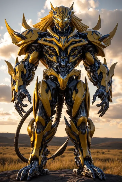 "A humanoid transformer based on a fierce, majestic lion, standing tall with a powerful and regal build. The transformer’s body is armored with a golden, metallic finish, reflecting the lion’s tawny fur and strength. The chest is wide and muscular, with li...