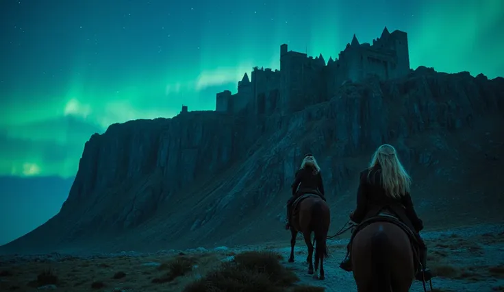 Hyperrealistic 8K HDR photography, two women on horseback with long blonde and brown layered hair, riding horses arriving at a huge colossal stone walled city on top of a very rocky and steep mountain, ((night scene, sky with northern lights)), cinematic s...