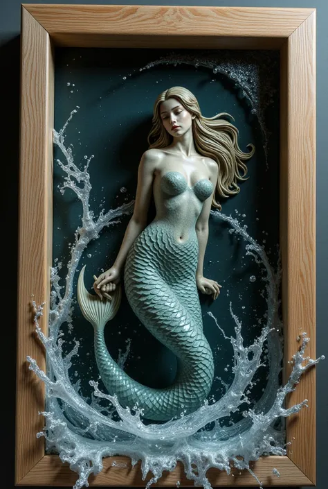 A beautiful mermaid 3D sculpture in the picture goes beyond its boundaries, as if coming to life. Photo frame, water bursting from its boundaries, defying the laws of physics, seeming to flow into space, crisp detail of splashing drops, contrast of dark to...