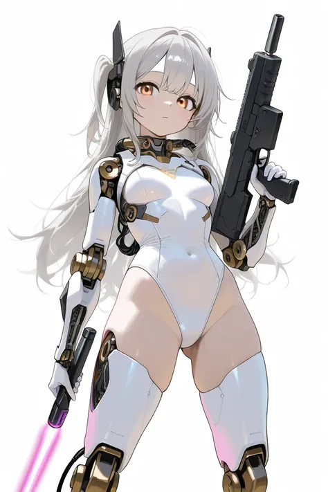 (best quality, background detail), best quality, original detail dynamic art, (golden eyes), image from waist down, inorganic gaze, detailed mechanical joints, reinforced exoskeleton, white leotard, white skin, gray hair, long hair, (one cyborg girl), (hol...