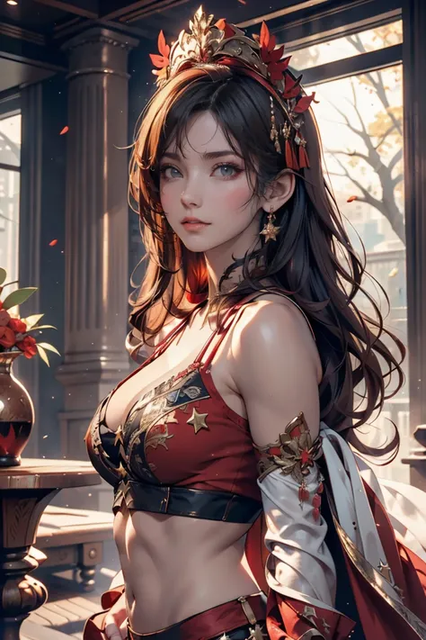 (( extremely detailed)),(Super detailed),  extremely fine CG Unity 8K Wallpaper, velvet, Ornaments, Red Hood,  crop top, Star Headdress,  puff sleeve, lips,  facing sideways, close-up, Turn your head,  fine eyes with a dreamy expression 