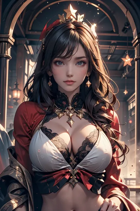 (( extremely detailed)),(Super detailed),  extremely fine CG Unity 8K Wallpaper, velvet, Ornaments, Red Hood,  crop top, Star Headdress,  puff sleeve, lips,  facing sideways, close-up, Turn your head,  fine eyes with a dreamy expression 