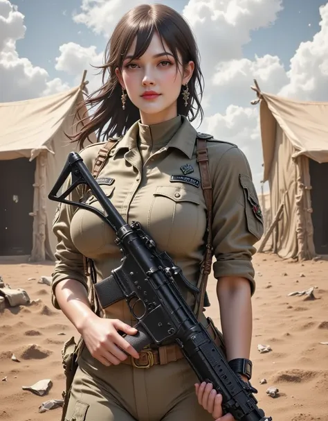 Attractive American female soldier, big chest, smile, carrying m16 rifle, desert soldier camp