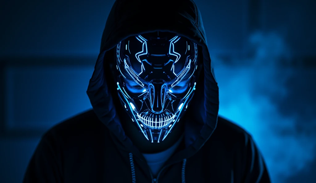 Black and blue neon full face mask man dj, hyper-stylized