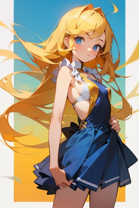  best quality,   super high resolution, illustration style, (( cute middle school girl)),( small tits), Long Golden Hair, blue eyes, white frills Apollo , swimsuit