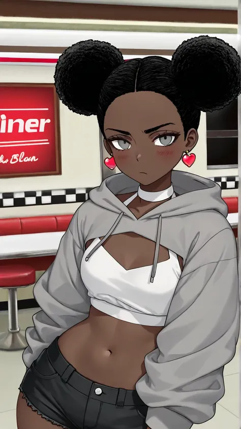 1Girl, Mature, Ebony, African American, Dark Skin, Medium Afro Bun, Jet Black Afro Bun, Ash Grey Eyes, Medium Chest, White Halter Crop-Top, White Cropped High-Cut Hoodie, Black Short Shorts, Jewelry, Heart Earrings, Looking At Viewer, Bored, Serious, Blush...