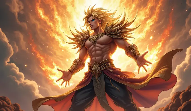  male character, 2D anime,  muscular,  divine dark and gold clothing, One blue eye and another red eye, long gold-colored hair, launching an attack