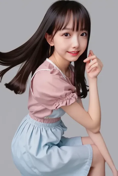 (8k),( best quality:1.5),( high resolution:1.5),   model,  Idol, ( head on the knee ), ( is standing), ( toddler body type), (( 1 girl in the best, 24 years old)), (  black hair), (( pink camisole)), (( light blue miniskirt )), (smile)