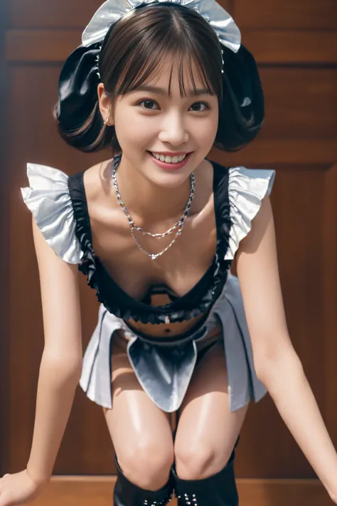  big bow hair ,  one woman, ((Looking like a doll )), length,  colorful and stylish hair , (( shiny punk style knee-high boots)), ( big smile),  very detailedな目, Detailed makeup,  lip gloss, Insane Skirt , petticoat,  high neck,belly button、 Chest・クレベージ 、 ...