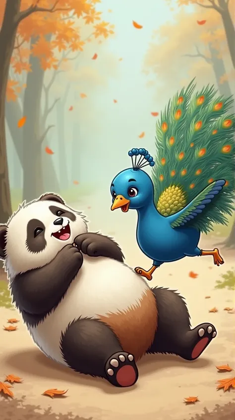 The cute panda and the peacock are playing joyfully. The panda rolls on the ground, clapping its paws, while the peacock hops around, fluttering its wings. The scene is filled with playful energy, with scattered leaves and dust adding movement.